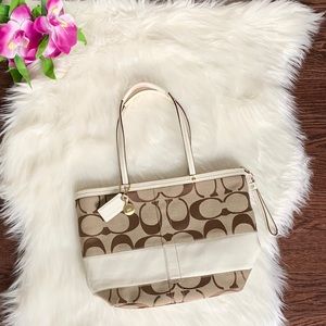 Coach Tan Tote Bag with White Leather Trim